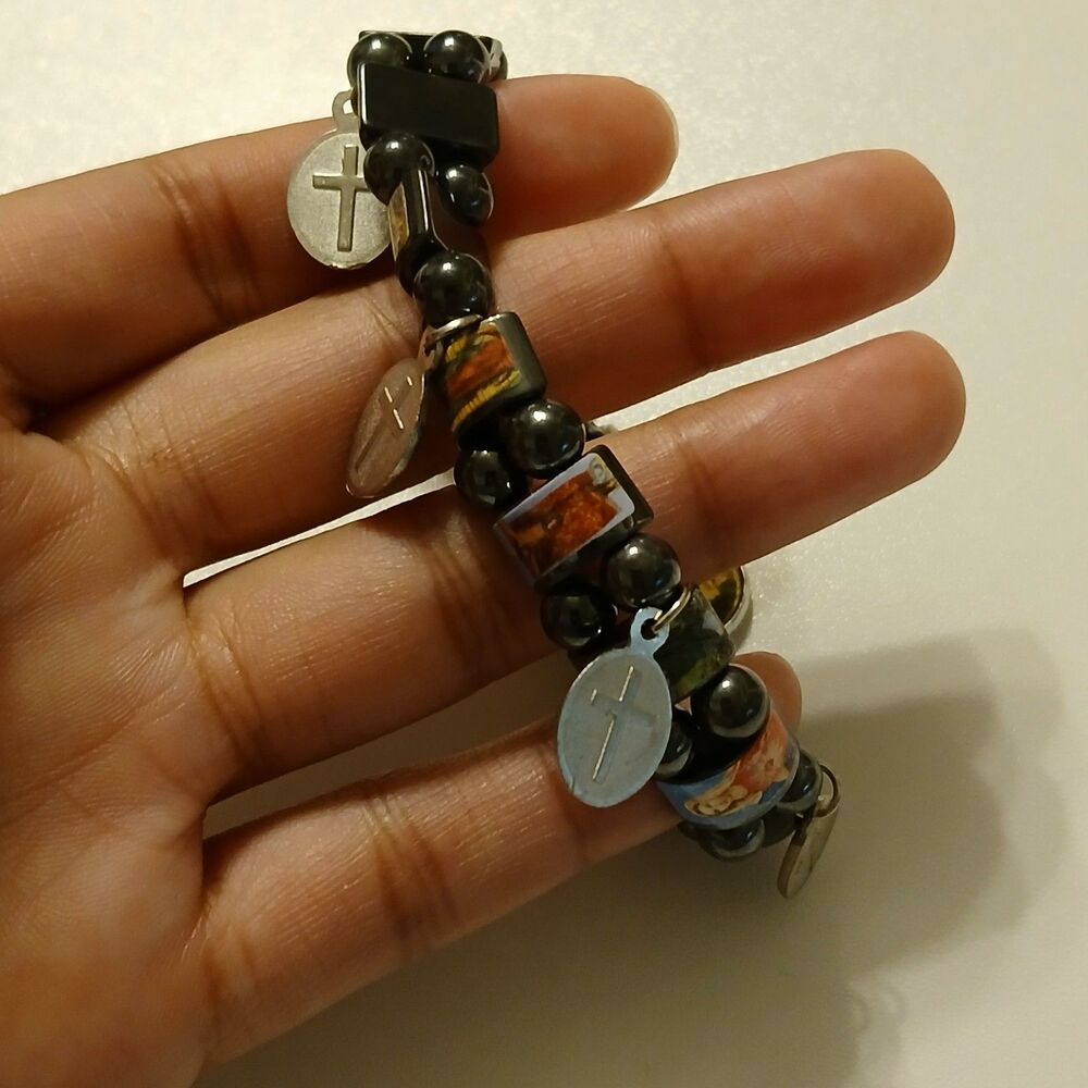 VTG Hematite Religious Icon Tile Bracelet Catholic Saints Charms Cross Stretchy - Picture 8 of 8